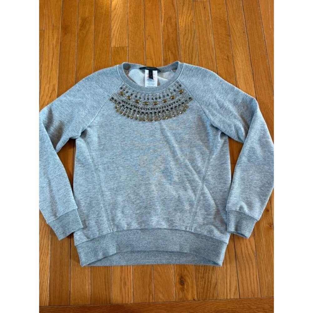 Bcbg Maxazria Rhinestone Gray Crewneck Long Sleeve Sweatshirt Sz XS